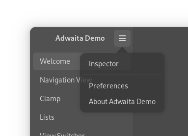 Screenshot showing Adwaita Demo with a semitransparent pop-up menu.