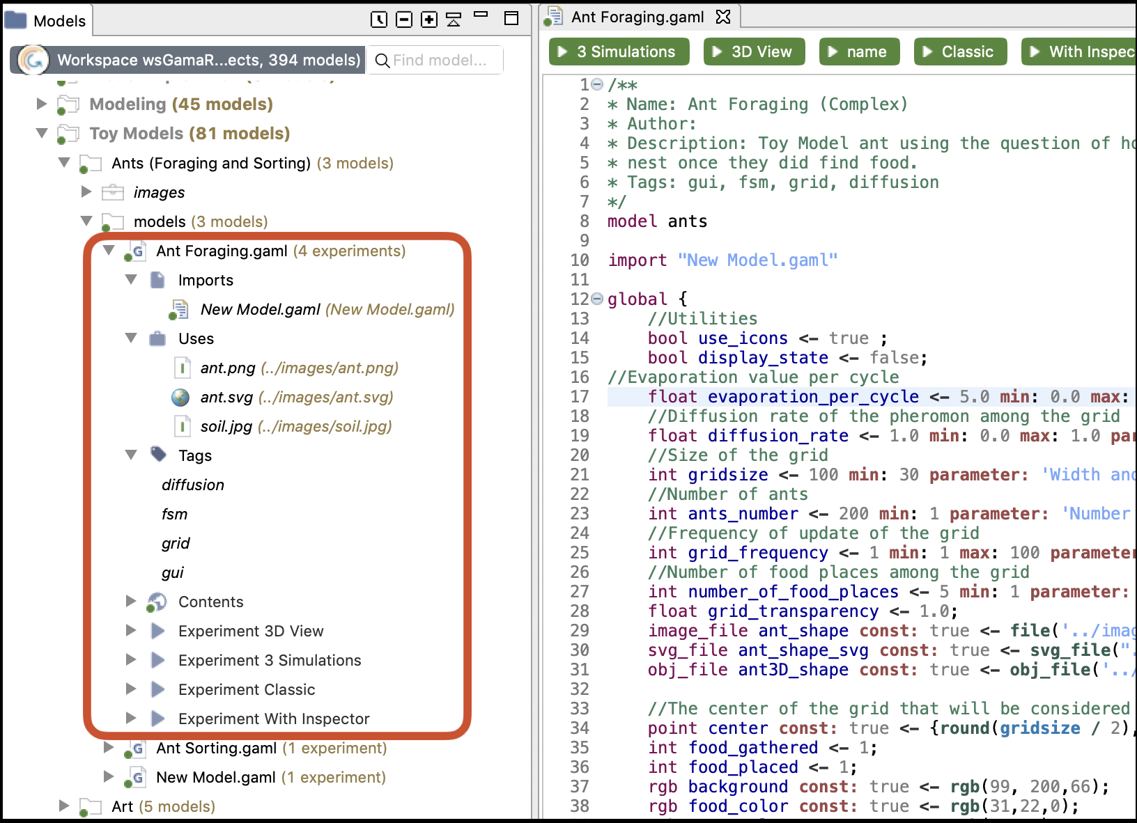 All the information available from the model node.