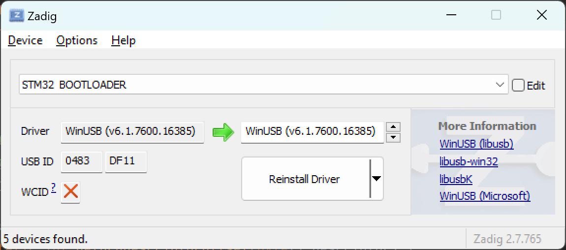 Zadig after WinUSB installation