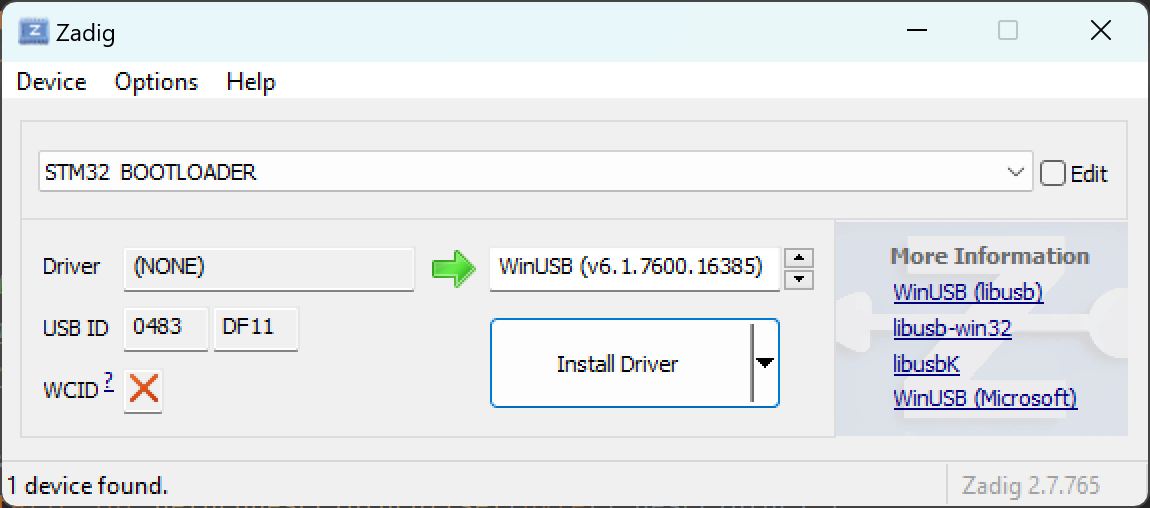 Zadig before WinUSB installation