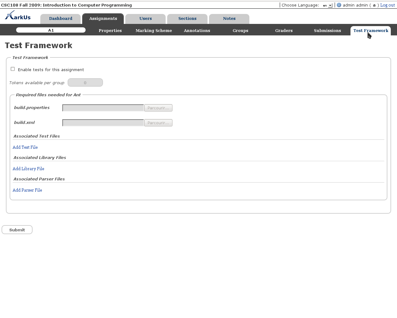 Default Test Framework configuration page